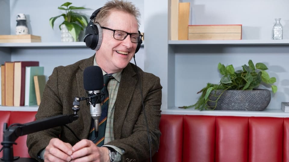 storyteller phil angrave in podcast recording studio