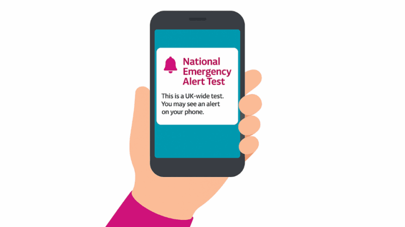 Graphic of a hand holding a phone that says National Emergency Alert